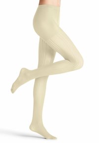 Collant beige a coste con una texture liscia, caratterizzati da una parte superiore uniforme e una sezione inferiore con motivo. Altezza della vita regolabile.