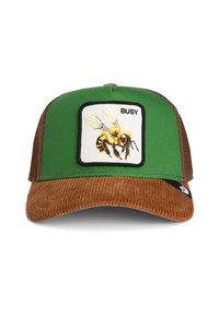 Casquette en tissu vert avec une visière en velours côtelé marron, ornée d'un patch brodé d'abeille et du mot "BUSY" en texte noir.