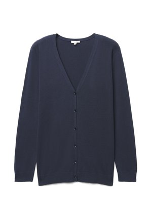 Granatowy kardigan z długim rękawem, z dekoltem w serek i zapinany z przodu na guziki, prezentowany na białym tle.