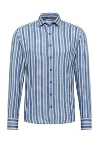 Camicia a maniche lunghe con bottoni, a righe verticali blu e bianche e colletto classico.