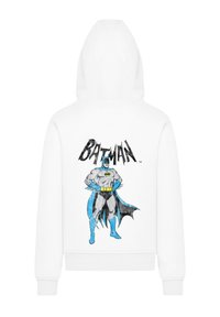 White hoodie featuring a Batman graphic with blue and black accents, including the word "BATMAN" in bold black lettering above the character.