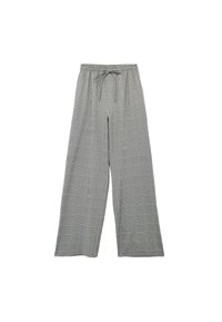 Lichtgrijze wijde broek met een geruit patroon, elastische tailleband met trekkoord en een gladde, ademende stof.