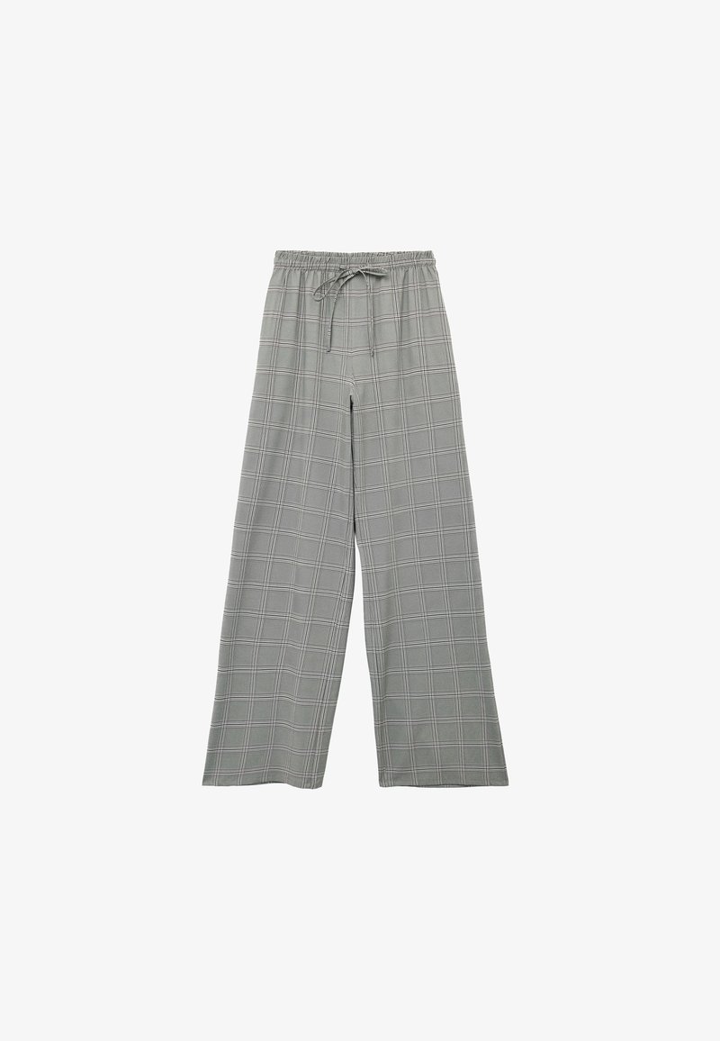 Lichtgrijze wijde broek met een geruit patroon, elastische tailleband met trekkoord en een gladde, ademende stof.