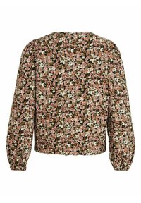 Blommig blus med långa, puffiga ärmar. Mörk bakgrund med rosa, vita och gröna blommönster. Slät textur, rundad halsringning, cropad passform.
