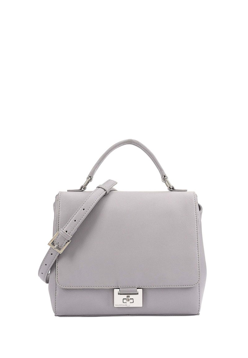 Grijze leren handtas met een gestructureerd ontwerp, een handvat bovenaan en een afneembare schouderband. Voorzien van een zilveren sluiting op de klep.