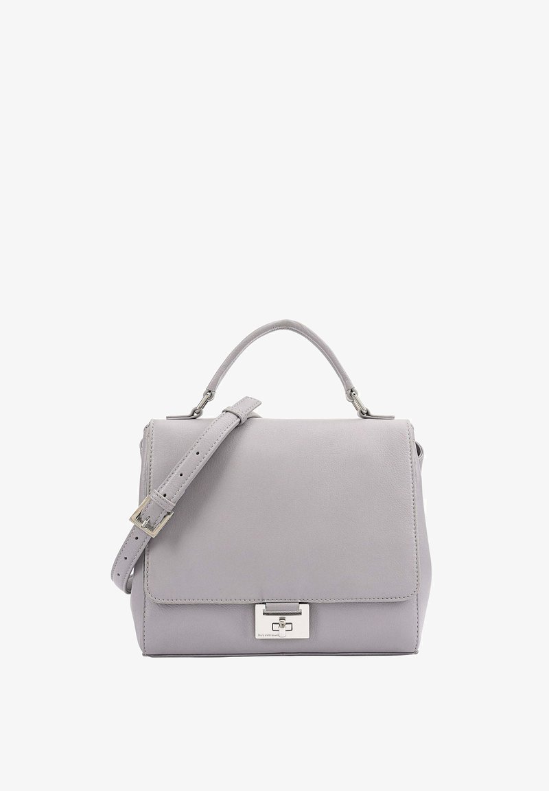Grijze leren handtas met een gestructureerd ontwerp, een handvat bovenaan en een afneembare schouderband. Voorzien van een zilveren sluiting op de klep.