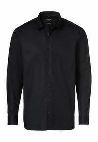 Camicia nera button-up realizzata in tessuto morbido, con colletto classico, maniche a lunghezza intera e bottoni neri sul davanti.