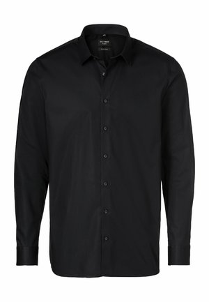 Schwarze Hemdbluse aus glattem Stoff, mit einem klassischen Kragen, langen Ärmeln und schwarzen Knöpfen an der Vorderseite.