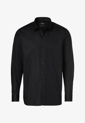 Schwarze Hemdbluse aus glattem Stoff, mit einem klassischen Kragen, langen Ärmeln und schwarzen Knöpfen an der Vorderseite.