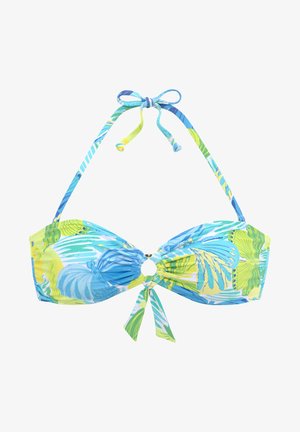 Bikini horná časť s tropickými listami v modrých a zelených tónoch. Obsahuje centrálny krúžok, nastaviteľné šnúrky a zhluky látky.