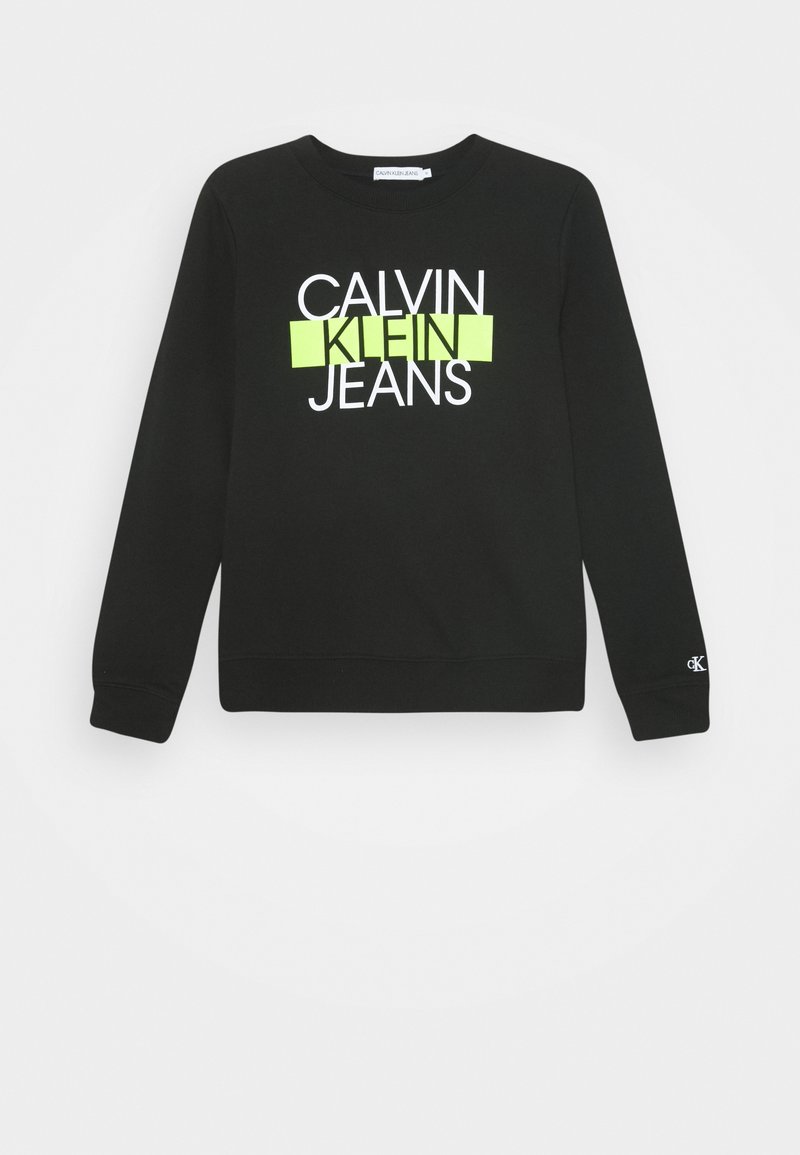 Schwarzer Sweatshirt aus Baumwollmischgewebe mit einem auffälligen Grafikdruck von "CALVIN KLEIN JEANS" in Weiß und Neongrün.