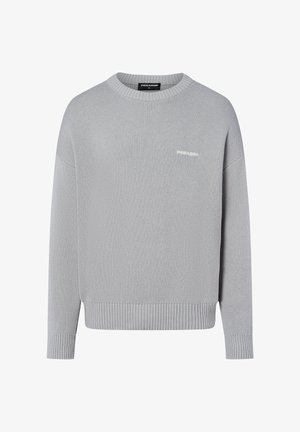 Helles graues Strickpullover mit rundem Ausschnitt, gerippten Bündchen und Saum, der ein dezentes weißes Logo auf der Brust trägt. Strukturierte Stoffdetails.