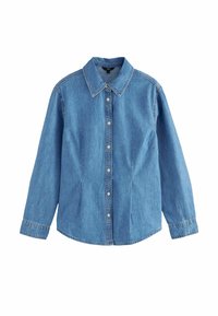 Blaues Denimhemd mit kragen, Knopfleiste, langen Ärmeln und taillierter Passform. Verfügt über dezente Nähte und seitliche Taschen.