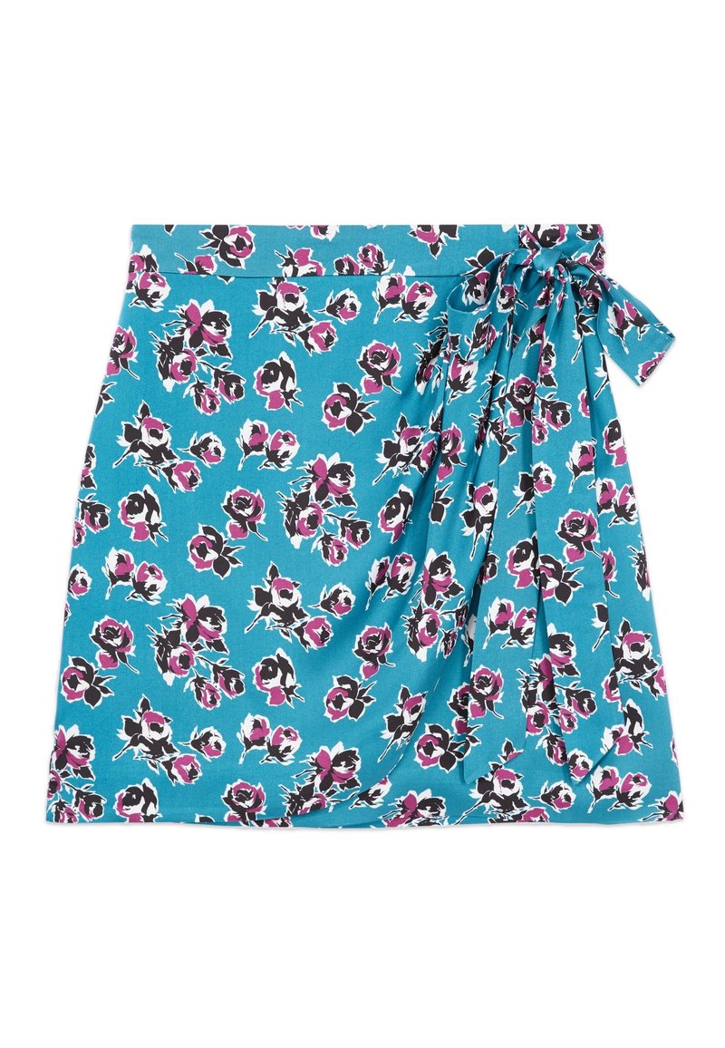 Blommig omslagskjol i turkos med svarta och rosa blommor. Mjukt tyg, plisserad design och knytband i midjan.