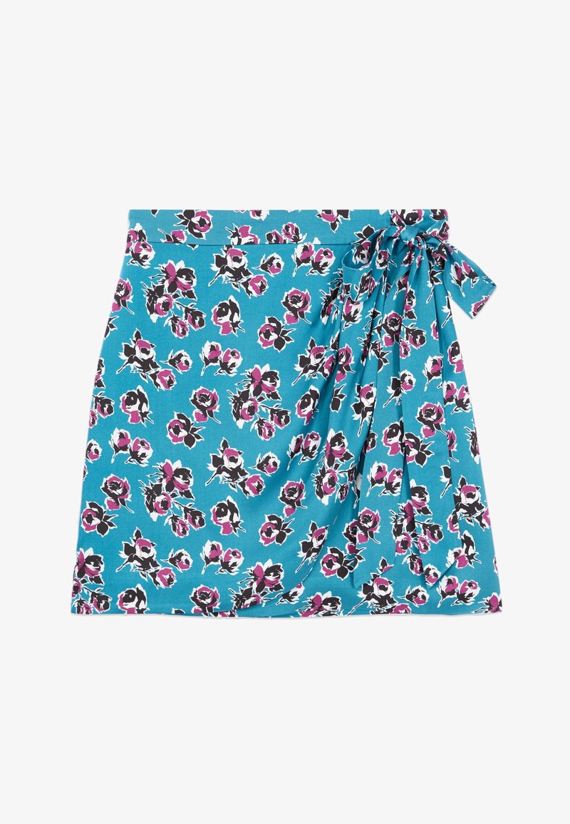Jupe portefeuille florale en turquoise avec des fleurs noires et roses. Tissu doux, design plissé et taille à nouer.
