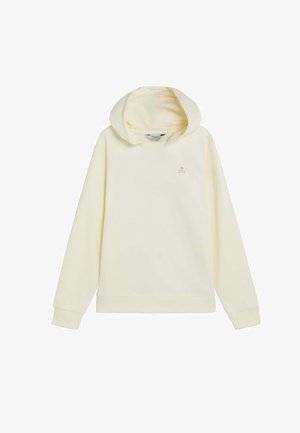 Sudadera con capucha de color crema, mangas largas y un pequeño logo de calavera y huesos cruzados en rosa en el pecho.