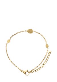 Bracciale in oro con anelli ovali dalla texture, chiusura a moschettone e catena regolabile con anelli aggiuntivi per personalizzare la misura.