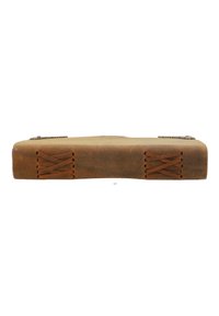 Leather book with a flat spine, featuring dark stitching accents and a smooth, tan surface. Minimalist design, sturdy construction.