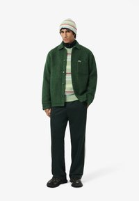 Cappotto di lana verde sopra un maglione a righe con tonalità di verde, rosa e blu; abbinato a pantaloni verde scuro e un cappello a righe.