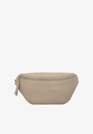 Marsupio in pelle beige con zip sulla parte superiore, design arrotondato e dettaglio del logo in rilievo sulla parte anteriore. Texture liscia e stile minimalista.