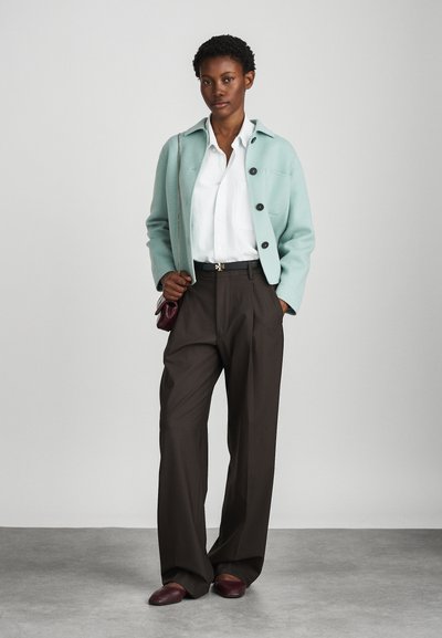 Světle modrá vlna smíšená bunda s černými knoflíky, pod ní bílá košile, hnědé kalhoty s vysokým pasem a bordó nazouvací boty, držící tmavou tašku.