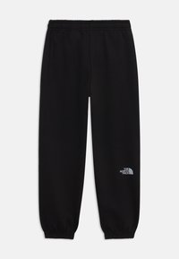 Svarta sweatpants i bomullsblandning med elastisk midja, smalnande ben och en liten vit logotyp på vänster lår.