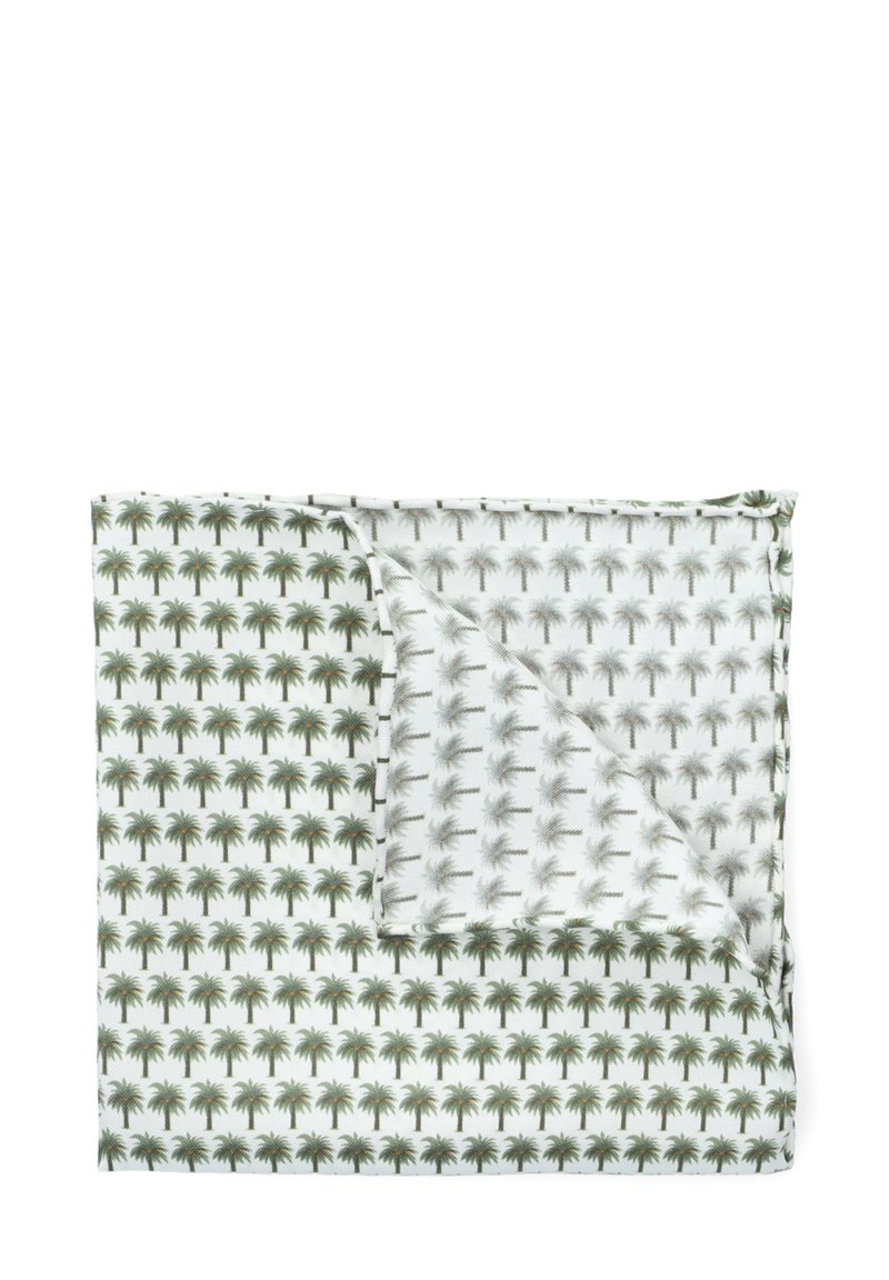 Wzorzysta narzuta z palmami w zielonym i szarym kolorze na białym tle, z zegnięciem w rogu odsłaniającym mniejszy wzór palm.