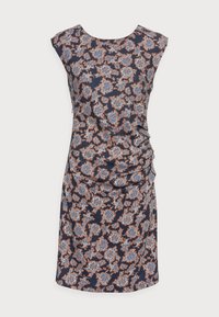 Robe à motifs floraux en bleu marine avec des accents orange et bleu, dotée de manches courtes, d'un col rond et d'un détail froncé à la taille.