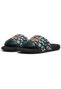 Black slide sandals featuring a blue houndstooth pattern, orange branding, and a textured sole for grip. Smooth synthetic upper material.