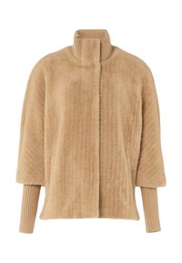 Giacca beige con texture, colletto alto, maniche corte e dettagli a costine sui polsini. Realizzata in materiale morbido e soffice.