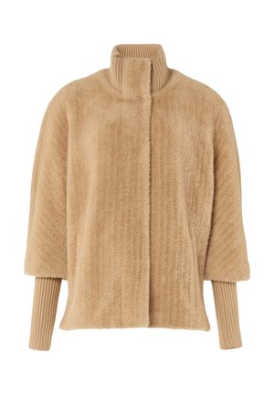 Beige, textured jacket with a high collar, short sleeves, and ribbed knit accents at cuffs. Made of soft, fluffy material.