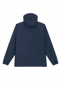 Veste légère bleu marine à manches longues, poignets élastiques et capuche attachée, vue de dos.