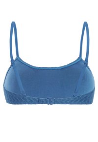 Sinisellä pitsillä varustettu rintaliivit, joissa säädettävät olkaimet ja hakasilla suljettava selkäosa, esitettynä takaa valkoisella taustalla.