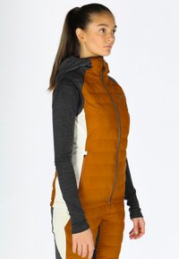Gilet isolato, arancione con cappuccio grigio, chiusura lampo frontale e tasche laterali. Design aderente con maniche a contrasto in bianco e nero. Texture morbida.