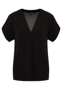 Svart kortärmad blus med V-hals och lös passform, med en subtil söm detalj längs mitt fram.