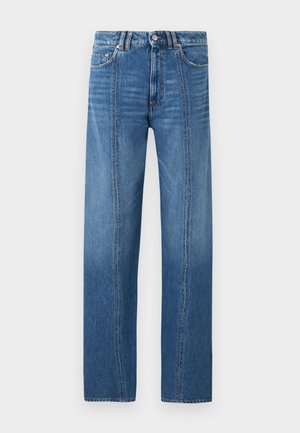 Niebieskie dżinsy o prostych nogawkach z wysokim stanem, z detalami szwów z przodu, klasycznym wzorem z pięcioma kieszeniami, szlufkami na pasek i zapięciem na guzik.