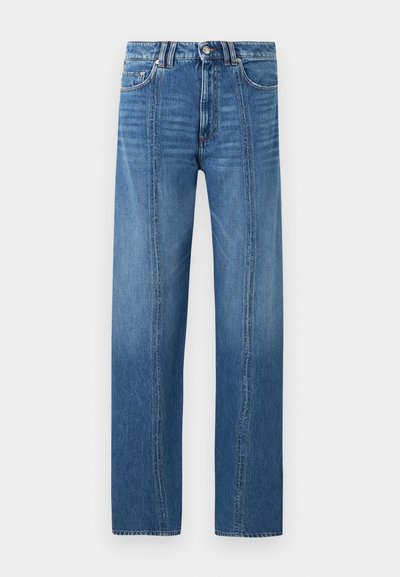 Μπλε τζιν παντελόνι ευθείας γραμμής με ψηλή μέση, λεπτομέρειες με ραφή μπροστά, κλασικός σχεδιασμός με πέντε τσέπες, θηλιές για ζώνη και κούμπωμα με κουμπί.