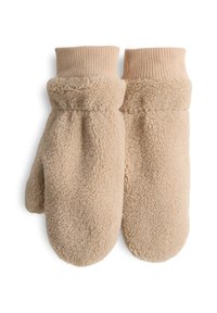 Beige Fleece-Handschuhe mit gerippten Bündchen, die eine weiche, strukturierte Oberfläche und abgerundete Spitzen aufweisen. Entworfen für Wärme und Komfort.