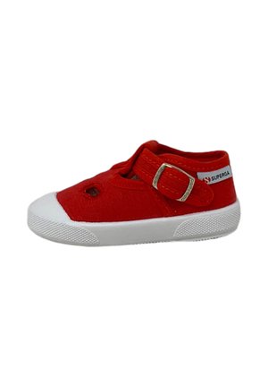 Sneaker rossa per bambino piccolo con suola in gomma bianca, cinturino con fibbia e logo Superga sul tallone, vista laterale.