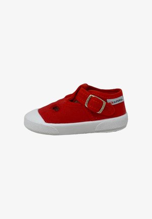 Sneaker rossa per bambino piccolo con suola in gomma bianca, cinturino con fibbia e logo Superga sul tallone, vista laterale.