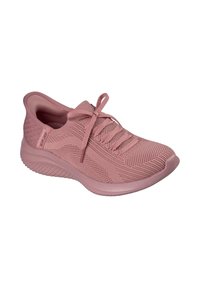 Zapato deportivo de color rosa claro con parte superior de punto texturizado, cierre con cordones y suela acolchada para mayor comodidad.