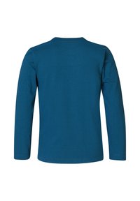 Langarm-T-Shirt aus tiefem Teal-Baumwolle, Rundhals, glatte Textur, ohne Muster oder Akzente, minimalistisches Design mit einfacher Passform.