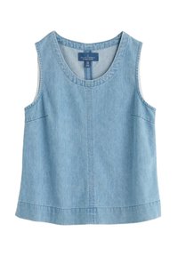 Jasnoniebieski denimu bezrękawnik z okrągłym dekoltem, kieszeniami bocznymi i przeszyciami wzdłuż szwów. Wykonany z bawełny organicznej.