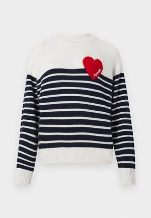 White and navy striped long-sleeve sweater with a red heart patch on the chest labeled "FUTURE".