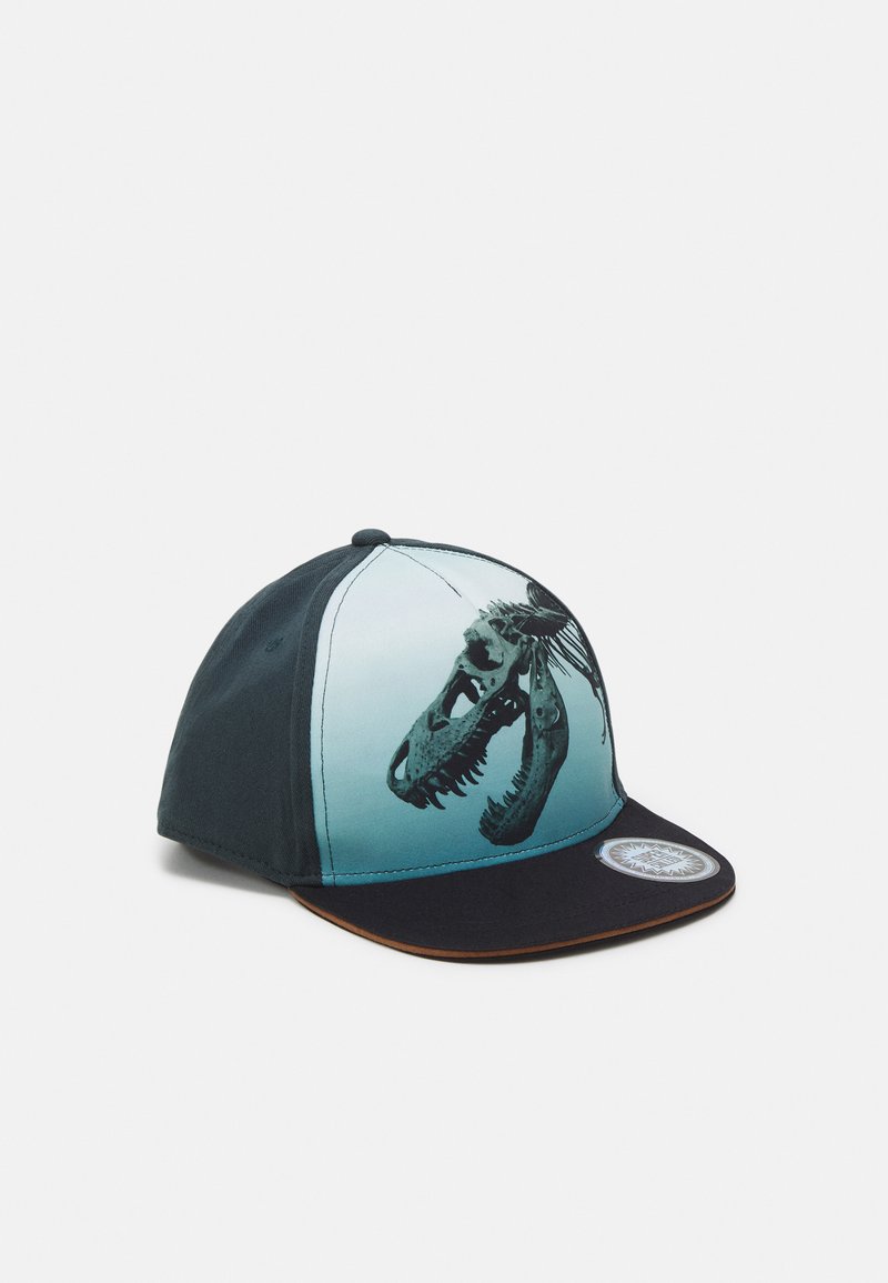 Blue and black cap made of fabric, featuring a dinosaur skull graphic on the front. Curved brim and a circular logo patch on the side.
