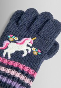 Adīti tumši zili cimdi ar baltu vienradzi, rozā manei un ziediem, kas rotāti ar daudzkrāsainām horizontālām svītrām pie plaukstas.