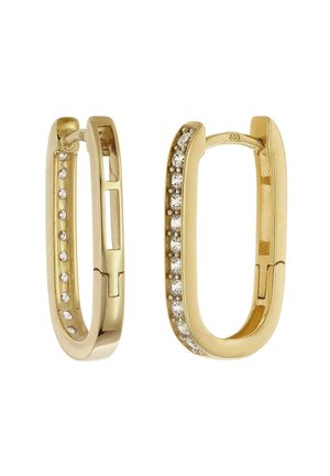 Goldene Creolen mit ovaler Form, glatter Oberfläche und einer Reihe klarer Kristalle entlang des Randes. Mit Scharnierverschluss.