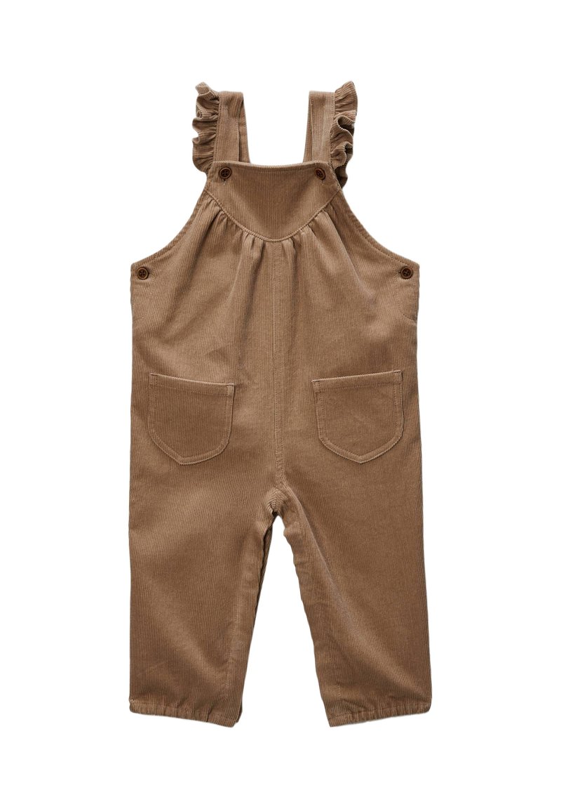 Salopette en velours côtelé marron avec des bretelles froncées, des poches avant et des accents en boutons. Les jambes sont resserrées aux chevilles, avec un tissu texturé.