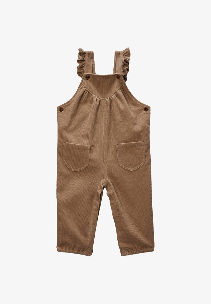 Salopette en velours côtelé marron avec des bretelles froncées, des poches avant et des accents en boutons. Les jambes sont resserrées aux chevilles, avec un tissu texturé.