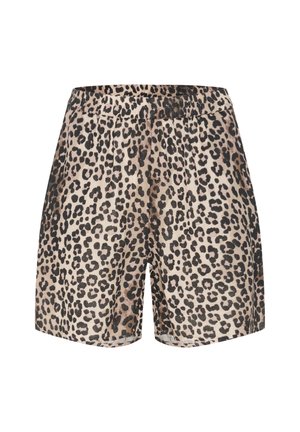 Leopardenmuster-Shorts aus leichtem Stoff mit einem elastischen Bund, die verschiedene Beige- und Schwarztöne mit Punkten zeigen.